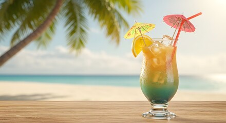 Tropical getaway: vibrant drink by the beach with palm trees, inviting relaxation and vacation vibes.