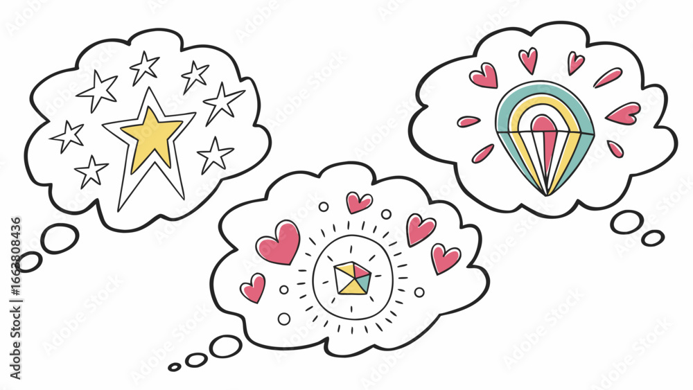 Poster three thought bubbles showing stars hearts and a diamond shape with colorful sections inside it all 