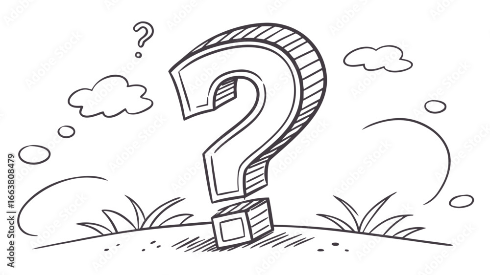 Aufkleber a large question mark standing on a grassy hill with clouds and thought bubbles in the background sc