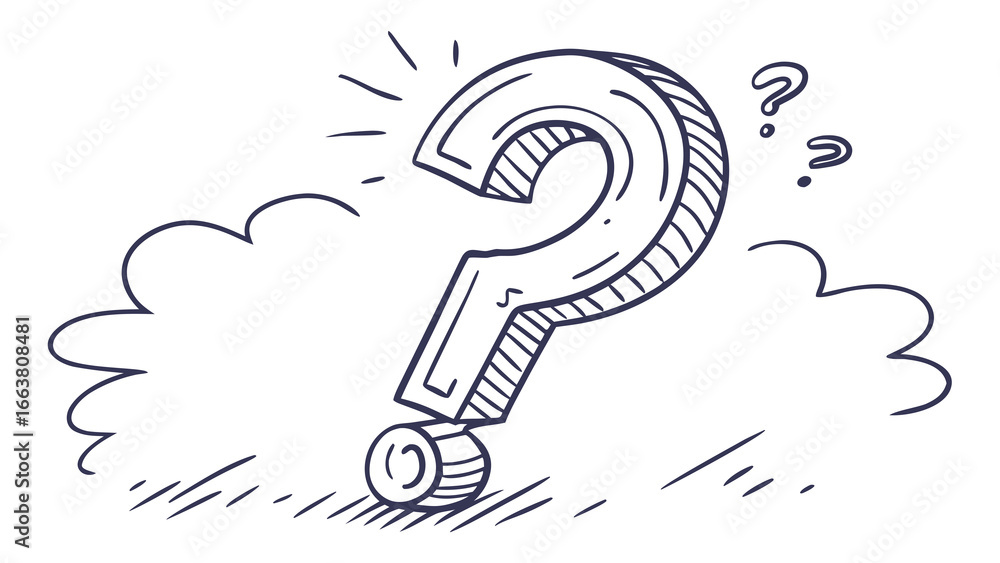Poster hand drawn question mark with cloud and small question marks floating around the main symbol art