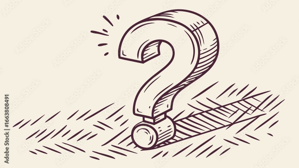 Poster Sketch of a large question mark with hatching and a small ball at the base on a hatched surface