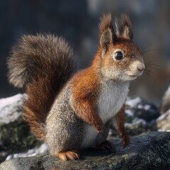 Fototapeta premium Curious Red Squirrel Perched on a Mossy Rock, Exploring the Natural World with Alertness