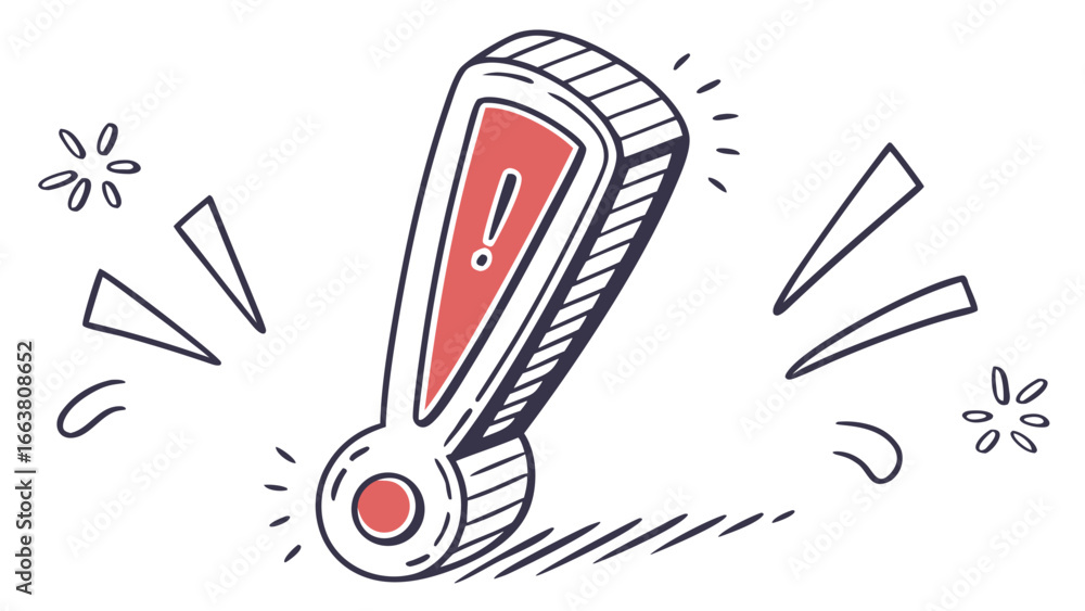 Poster stylized exclamation point icon with red fill and radiating lines on a white background sketch style