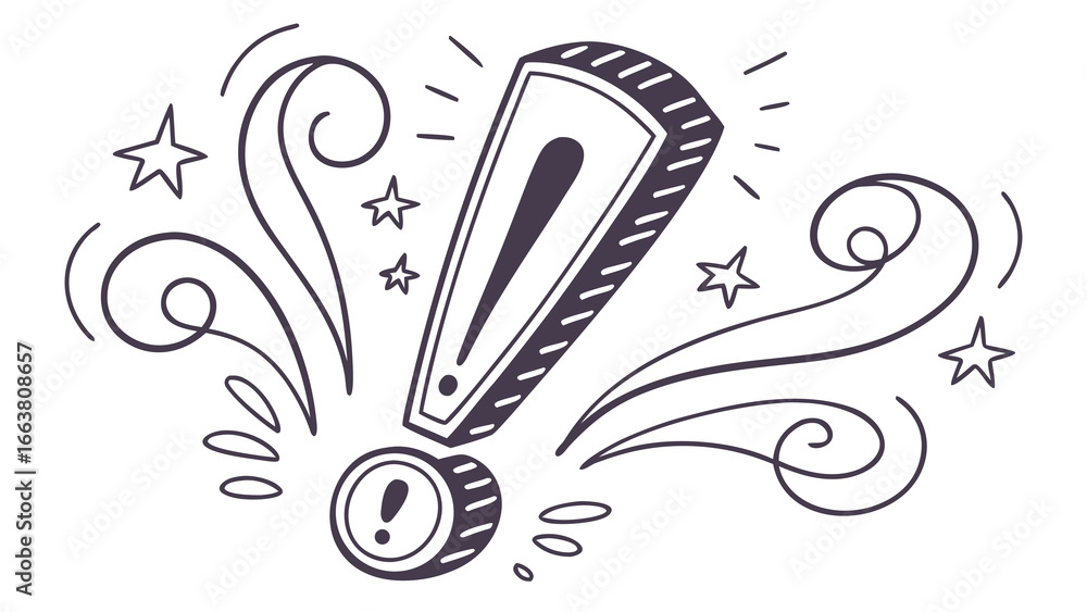 Poster doodle style exclamation mark with stars and swirls creating a whimsical and eye catching design ele