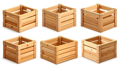 Multiple light-brown wooden crates displayed in various perspectives against a pure white background, showcasing detailed craftsmanship and versatile uses.