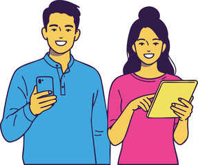 Young man with smartphone and woman with tablet using digital devices smiling technology vector illustration 