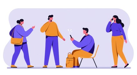 Mobile Moments: A vibrant illustration captures a group of diverse individuals engrossed in their mobile devices, with varying postures.