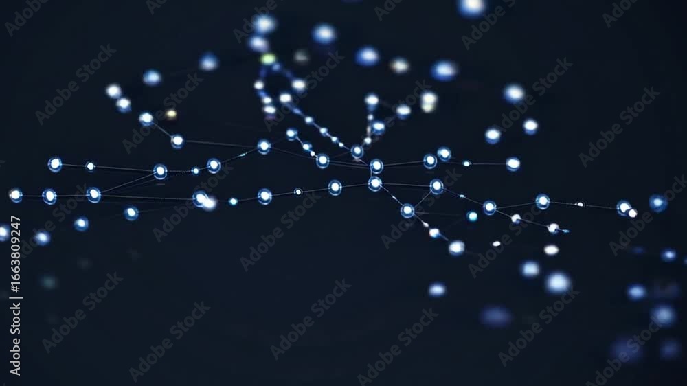 Poster blue network of glowing nodes connected by lines in a dark background
