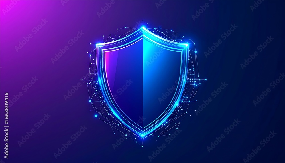 Poster a vibrant digital shield, constructed with glowing lines and points, radiates a sense of security an