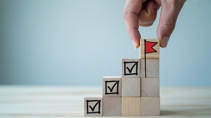 Hand placing final block with red flag on stair-like blocks