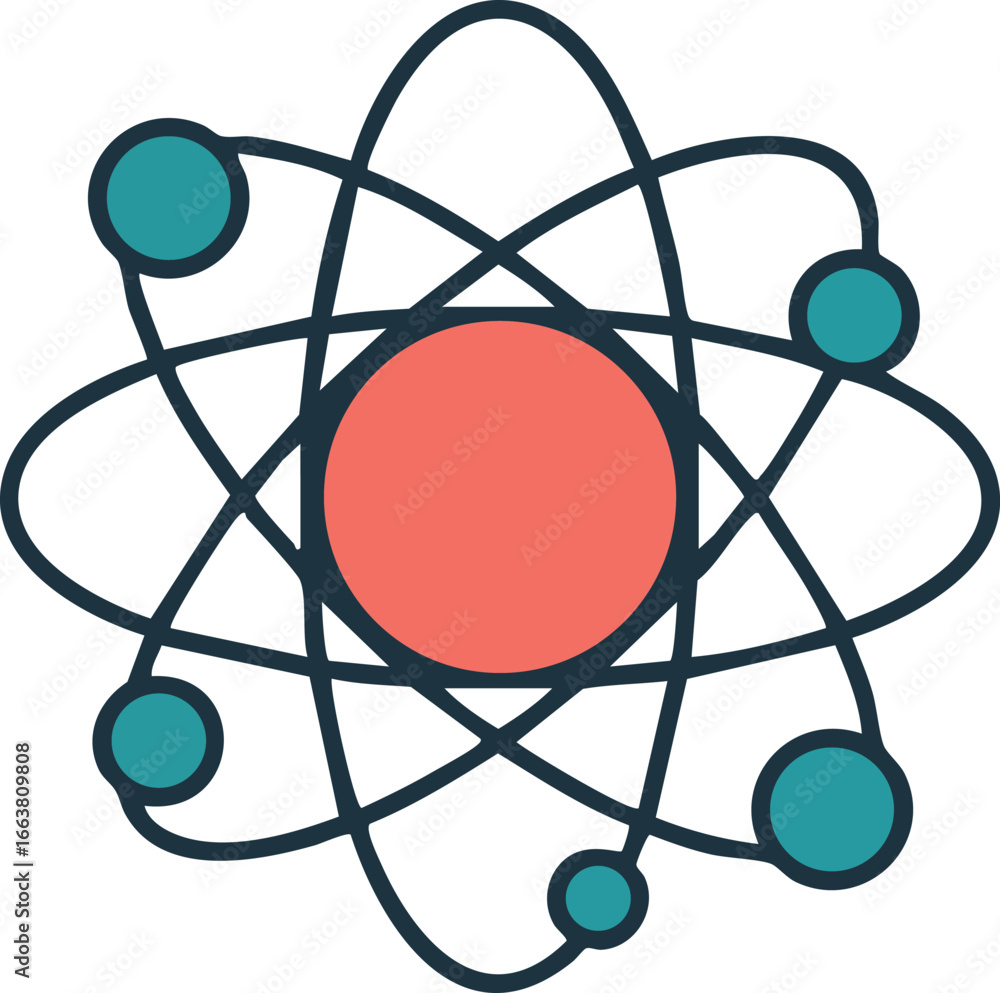 Aufkleber atom structure illustration with nucleus and orbiting electrons in simple vector style for science e