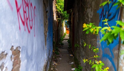 Narrow alleyway with graffiti and plants