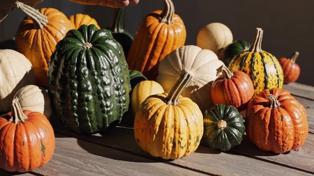A rustic video scene of assorted pumpkins on a wooden table, captured from a low angle, highlighting textures and autumn colors in natural light.
