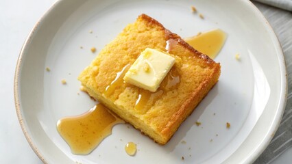 Delicious slice of cornbread with melting butter and syrup isolated on white background