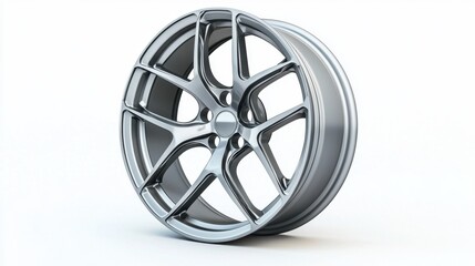 Obraz premium Modern alloy wheel design showcasing a sleek silver finish and intricate spoke patterns for automotive enthusiasts