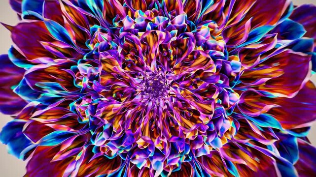 Top-down video view of a vibrant, kaleidoscopic floral pattern with vivid blues and purples, creating a mesmerizing, symmetrical design. Live desktop wallpaper.