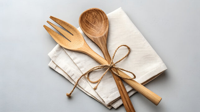 Wooden salad servers tied with twine on a textured napkin - Powered by Adobe