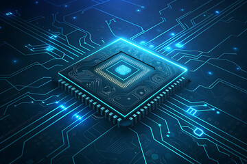 Glowing CPU on a futuristic circuit board with radiating blue data lines. Represents AI processing, high-performance computing, and advanced digital infrastructure systems.