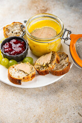 Foie gras goose liver appetizer delicacy fresh delicious gourmet food background on the table rustic food top view copy space