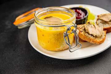 Foie gras goose liver appetizer delicacy fresh delicious gourmet food background on the table rustic food top view copy space