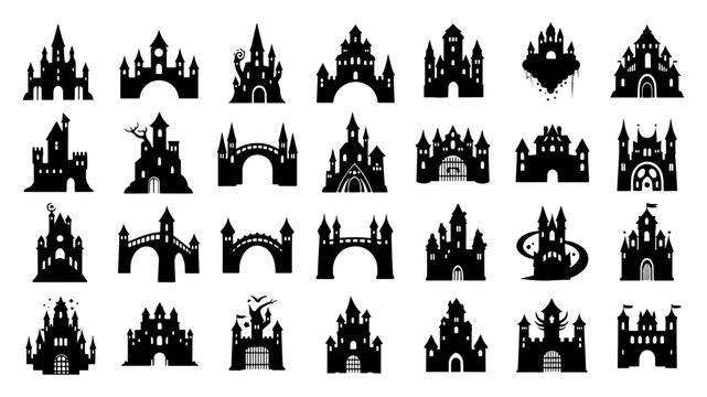 Vector art of collection of black silhouette castle designs