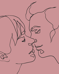 Couple in love. Romantic lovers outline portrait. Simple sketch poster