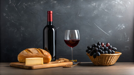 Bottle of red wine glass of wine cheese bread and grapes on a table