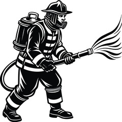 Monochrome Vector Illustration of a Firefighter Battling Flames with a Hose in a Dynamic and Striking Design