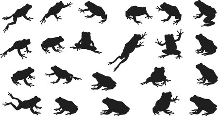 Frog silhouettes, jumping frog poses, amphibian movement, sitting frog vector, animal shadow collection, leaping frog clipart, frog illustration set, wildlife design