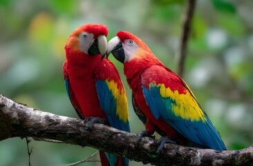 Obraz premium Two colorful macaws perched on a tree branch in the rainforest, facing each other closely, showcasing vibrant red, blue, and yellow feathers in a natural jungle setting
