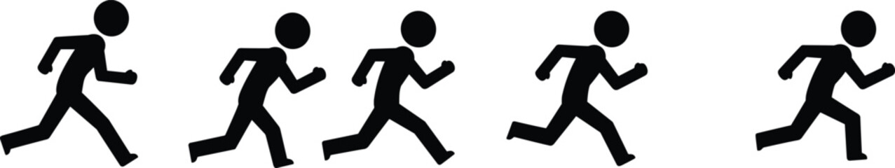 Running silhouette icons, jogging stick figures, athlete movement sequence, fitness exercise poses, sports clipart, training motion vector, workout running steps illustration