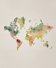 Soft watercolor world map in delicate pastel washes with veil texture