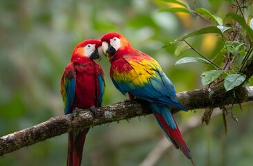 Obraz premium Two colorful macaws perched on a tree branch in the rainforest, facing each other closely, showcasing vibrant red, blue, and yellow feathers in a natural jungle setting