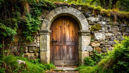 Fototapeta premium Enchanting Wooden Doorway Set in Ancient Stone Wall Amidst Lush Greenery.