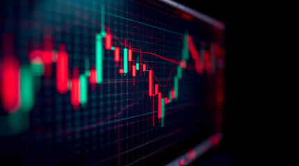 Closeup financial chart with uptrend line candlestick graph in stock market on blue color monitor background. financial graph on computer monitor.The focus is on the vibrant red and green candlesticks