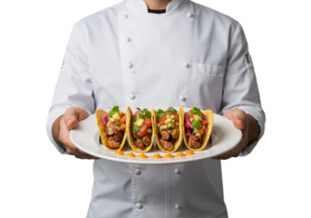 Chef holding a plate of delicious and authentic tacos prepared with fresh ingredients
