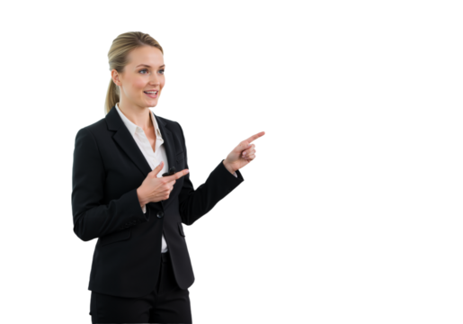 Confident young businesswoman in a black suit pointing towards empty copy space, isolated on a transparent background