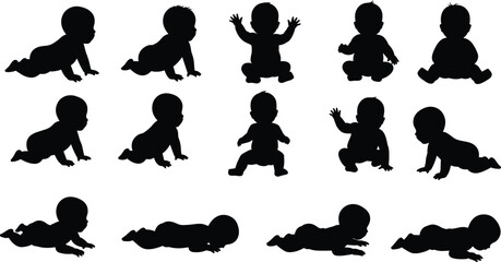 Baby silhouette vector pack, crawling sitting lying poses, infant development illustration, toddler growth clipart, newborn movement outline, child black graphic design