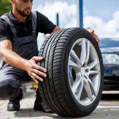 Fototapeta premium A mechanic inspects a new car tire, checking its tread depth and overall condition for vehicle maintenance.