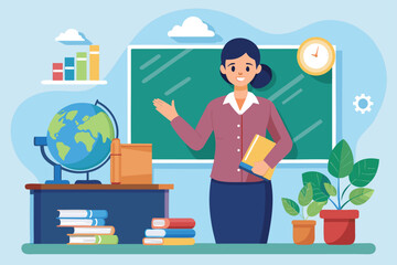 Charming Teacher in Classroom Illustration with Globe, Chalkboard, and Plants for Engaging Educational Material Presentation and Creative Design