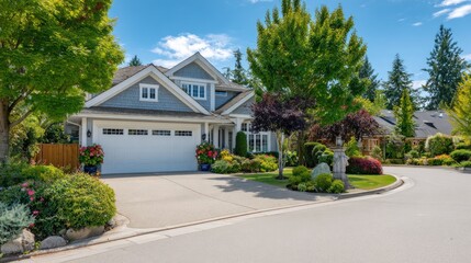 Suburban house with lush landscaping