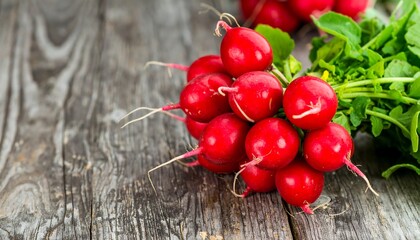 Freshly harvested vibrant red radishes with green leaves displayed on rustic wood plank surface