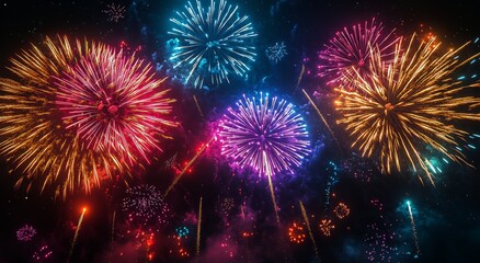 Fototapeta premium Colorful Fireworks Illuminate the Night Sky During a Festive Celebration in the Summer Season.