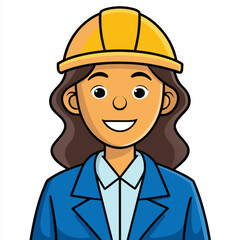 Illustrated Female Civil Engineer Smiling Confidently with Brown Hair Wearing a Yellow Hard Hat and a Blue Business Suit
