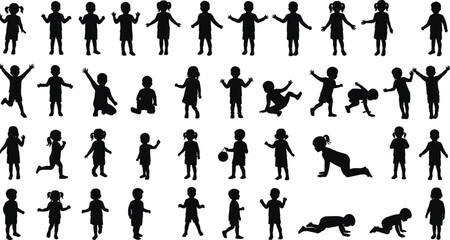Collection of children silhouette vector illustration, kids playing poses, boy and girl activities, childhood design template, educational playful learning graphics