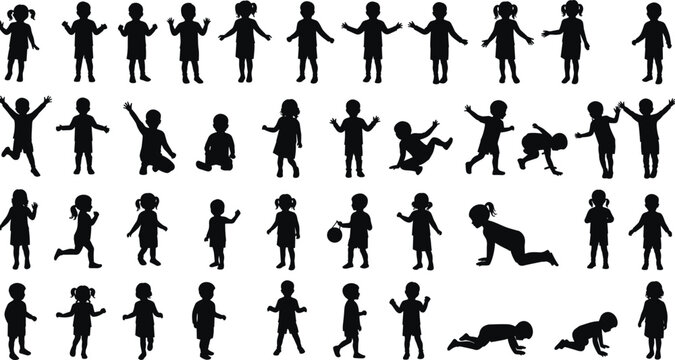 Collection of children silhouette vector illustration, kids playing poses, boy and girl activities, childhood design template, educational playful learning graphics