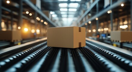 Carton Moving Along Conveyor Belt in a Busy Warehouse During Daytime Operation.