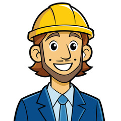 Cartoon Construction Worker Woman with Hard Hat Smiling Wearing Blue Suit Illustration Isolated on White Background Ready to Work
