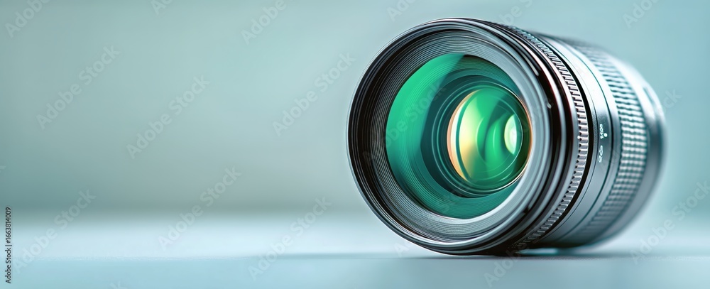 Aufkleber camera lens resting on white surface with green tint reflecting light in studio setting