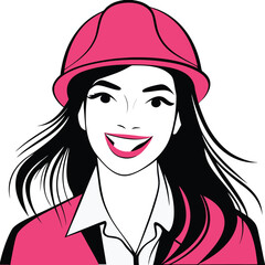 Empowered Woman Construction Worker Cartoon with Hard Hat and Pink Highlights Delivering a Confident Smile and Optimistic Vibe